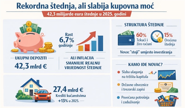 Rekordna štednja, ali slabija kupovna moć: gdje zapravo odlazi novac građana?