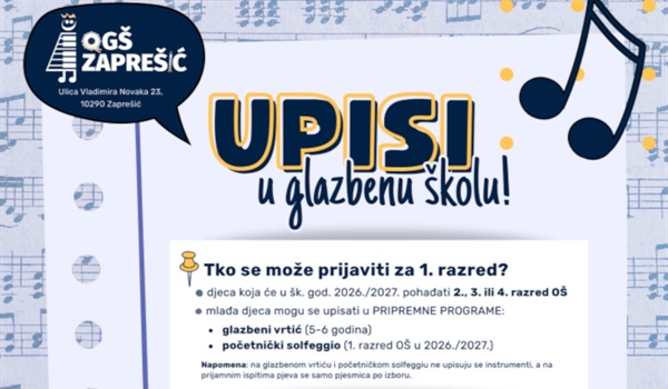 ZAPREŠIĆ: Započele prijave za prijamne ispite za upis u Osnovnu glazbenu školu Zaprešić