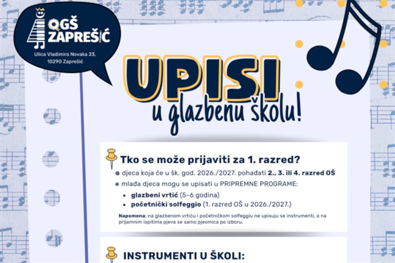ZAPREŠIĆ: Započele prijave za prijamne ispite za upis u Osnovnu glazbenu školu Zaprešić